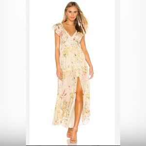 Revolve HEMANT & NANDITA Verna Lurex Sayin Stripe‎ Maxi Dress Bohemian Floral XS